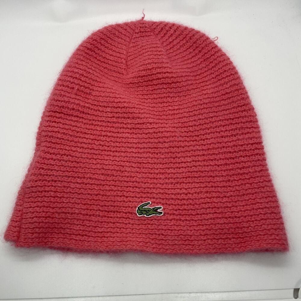 Lacoste Pink Ribbed Wool Beanie Hat Classic Croc Logo Made in Italy